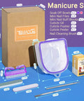 All In One Pro Nail Polish Remover Kit With 2 Soak Off Bowls For Gel And Dip Removal, cuticle oil, nail care tools displayed