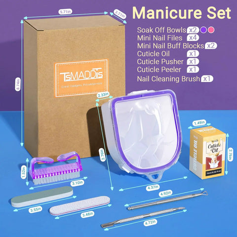 All In One Pro Nail Polish Remover Kit With 2 Soak Off Bowls For Gel And Dip Removal, cuticle oil, nail care tools displayed