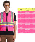 Heavy Duty High Visibility Reflective Safety Vest Featuring Wide Hi Viz Strips For Construction Jobsites Traffic Management And Outdoor Yard Work Unisex Polyester Blend Ensures Maximum Airflow Lets You Crush Your Shift on model with size chart.