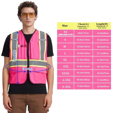 Heavy Duty High Visibility Reflective Safety Vest Featuring Wide Hi Viz Strips For Construction Jobsites Traffic Management And Outdoor Yard Work Unisex Polyester Blend Ensures Maximum Airflow Lets You Crush Your Shift on model with size chart.