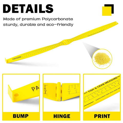 Foldable 32 Inch Fish Measuring Ruler For Boat And Kayak Lightweight Grab And Go Yellow Bump Board With Imperial And Metric Graduations Easy Read Crab And Fish Measuring Device For Anglers. Yellow polycarbonate foldable fish ruler with hinge and printed graduations