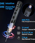 Mini Electric Screwdriver Kit With 70 In 1 Bits, 64 S2 Precision Bits, showing torque settings and USB-C charging port