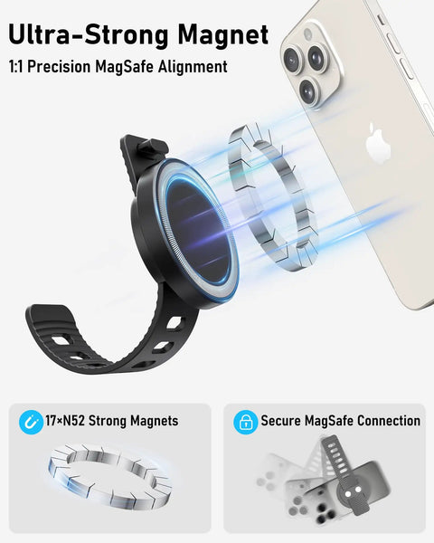 Stroller Phone Holder With MagSafe Compatibility And Magnetic Handlebar Mount For Indoor Use, 17 Strong N52 Magnets, Fits iPhone