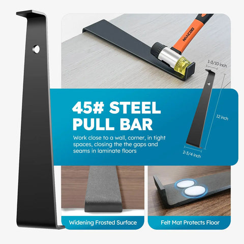 "Universal Floor Installation Kit With Tapping Block Double Sided Notches Contour Gauge Pull Bar 40 Pieces Spacers And Rubber Mallet Pro Grade 5 In 1 Tool Set For Vinyl Plank And Laminate Flooring, featuring 45# steel pull bar with felt mat protection"