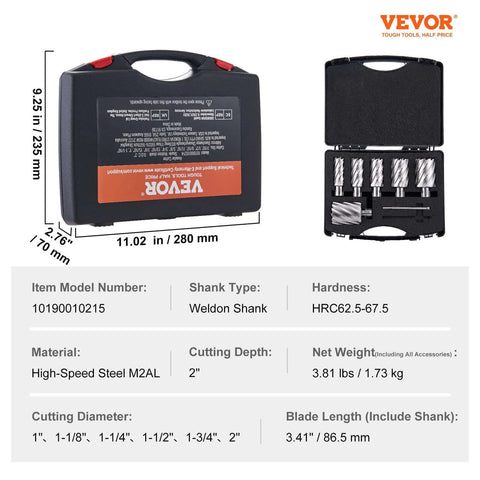 VEVOR 6-pc annular cutter set with Weldon shank, M2AL high-speed steel, 2 in depth, 1 to 2 in diameter, 2 pilot pins, portable case