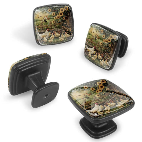 4 Pack Black Kitchen Cabinet Knobs Featuring Flower And Chicken Fence Design Square Drawer Pulls