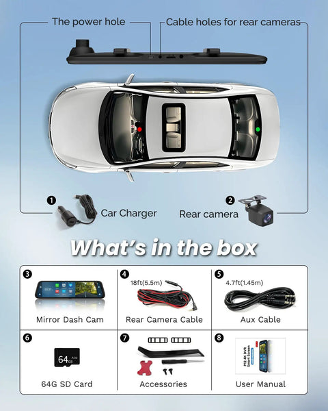 Box contents for 4K Rear View Mirror Camera With CarPlay And Android Auto, 12 Inch Dash Cam, Charger, Cameras, Cables, 64GB SD card
