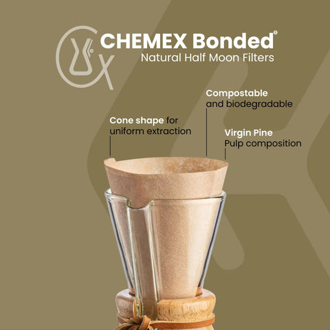 Natural Half Moon Coffee Filters 100 Count FP2N conical design in glass coffee maker, showing compostable virgin pine material.