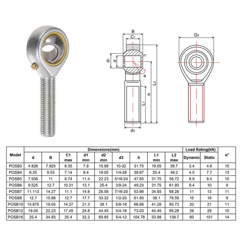 4 Pack POSB6 Male Rod End Bearings 3/8 Inch Bore 3/8-24 Right Hand Thread Self Lubricating Joint With Jam Nuts For Smooth, Flexible Motion In Your Go-To Mechanical Setups And DIY Projects., POSB6 rod end bearing with 3/8-24 right-hand thread and dimension chart