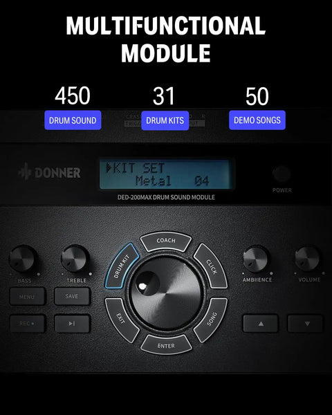 Control panel of DED 200 MAX Electronic Drum Set with multifunctional module showing drum sounds, kits, and demo songs display.