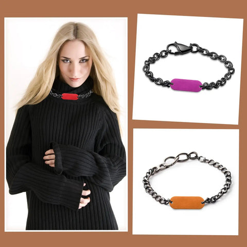 Woman wearing black sweater with red dog tag necklace, purple and orange tag bracelets displayed