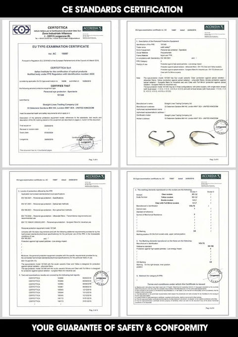 CE standards certification document for Constructor Full Lens Safety Reading Glasses With Wraparound Frame, UV400 Anti Fog Coated Lenses.
