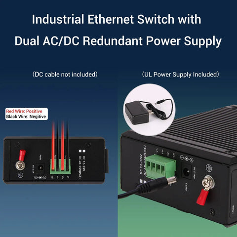 Beefy 8 Port Gigabit Ethernet Switch with 2 SFP Ports, industrial-grade, UL power supply, shown with dual AC/DC power inputs