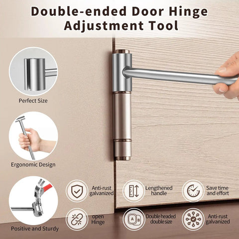 Dual Head Door Hinge Adjustment Tool With 14mm And 19mm Openings For Flag Hinges, Heavy Duty Steel Wrench shown adjusting hinge