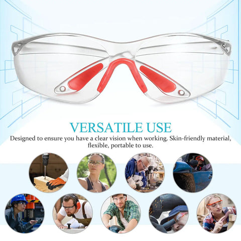 Straight Up Durable Four Pack Kickass Wraparound Safety Glasses Featuring Soft Silicone Frames And Ansi Z871 Certified Lenses For Slick Everyday Eye Protection That Hits Just Right, clear polycarbonate lenses with red accents.