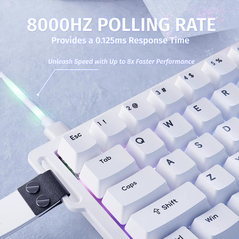Top Shelf 60 Percent Hall Effect Keyboard And Wireless Mouse Combo Featuring 8K Polling Rate And Ultra Low Latency close-up of keyboard showing key details and cable connection.