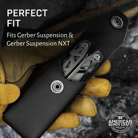 Beefy Full Grain Leather Belt Tool Holder For Surge Super Tool 300 Core Multitools Rugged Handmade Holster With Solid Brass Rivets And Strong Belt Loop For Quick Access And Lasting Protection showcasing fit for Gerber multitools