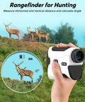 Person holding Golf Rangefinder With Slope 1200 Yard Distance, Magnetic Strap, viewing deer with magnification feature.
