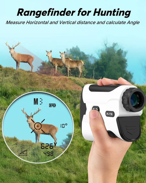 Person holding Golf Rangefinder With Slope 1200 Yard Distance, Magnetic Strap, viewing deer with magnification feature.