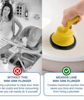 Image illustrating Tiny 7 Inch Sink Plunger With Ergonomic Grip No Sweat Mini Clog Remover in bright yellow being used on a sink.