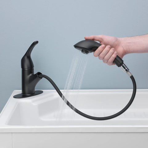 Pull-Out Laundry Faucet With Single Handle, 4.0 GPM Flow, Deckplate Included, Matte Black Finish, Utility Kitchen Sink or Laundry Tub