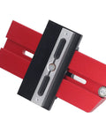 Heavy Duty Aluminum Table Saw Jig For Precision Woodworking Fence Fixture featuring red and black design, measuring scales, and turn knobs.