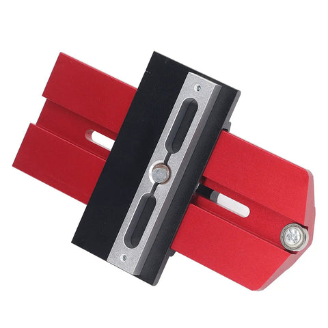 Heavy Duty Aluminum Table Saw Jig For Precision Woodworking Fence Fixture featuring red and black design, measuring scales, and turn knobs.