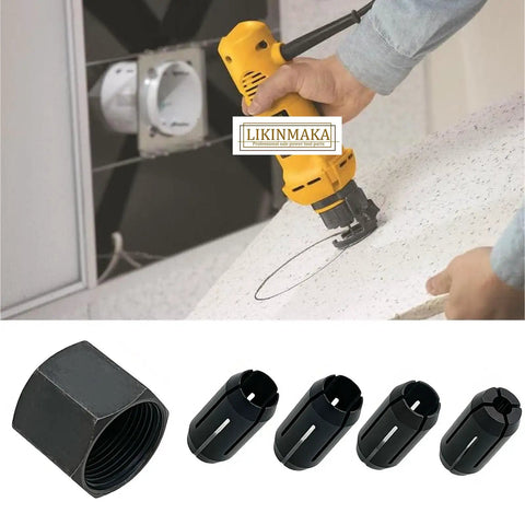 Cut Out Tool Collet Chuck Set, Five Pack with four collets and nut, used on DW660 palm router, one eighth inch to one quarter inch sizes