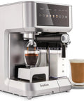 Smash Your Daily Grind With This Straight Up Smooth All In One Espresso And Cappuccino Coffee Maker with milk frother and coffee cups.