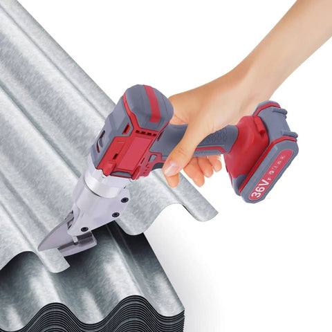 Professional 36V Electric Metal Shears with Swivel Head cutting corrugated metal roofing for heavy duty DIY use.