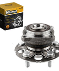 Rear Wheel Bearing Hub Assembly Five Lug Compatible With Honda Accord Crosstour 2010 2011 CR V 2007 2010 Crosstour 2012 2015 Non ABS FWD Beefed Up Replacement Hub For Rear Left And Right shown in packaging and close-up view