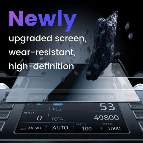 Mixed Denomination Money Counter With Counterfeit Detection showing touch screen durability and high-definition display with falling stone