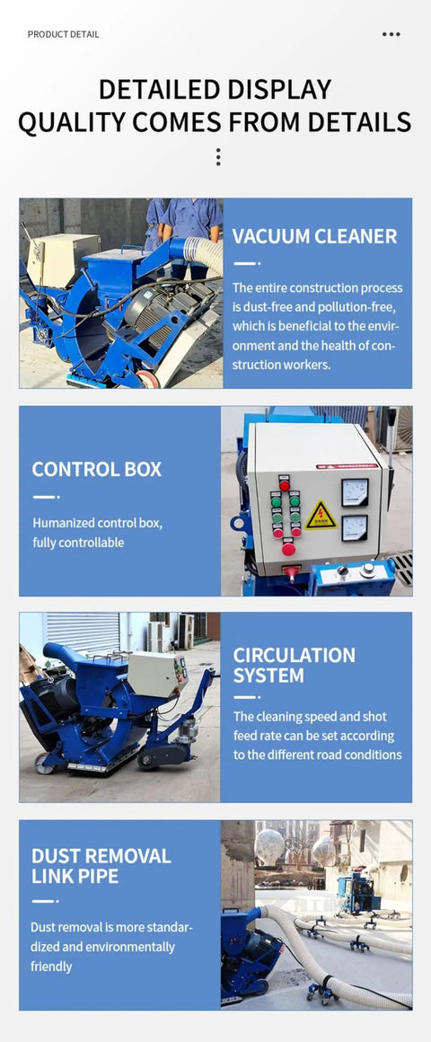 Concrete Floor Shot Blasting Machine For Industrial Floor Prep And Surface Refinement, Road Exterior Preparation Equipment For Warehouses And Road Maintenance, Tough As Nails Durable Build, High Efficiency Dust Control, Pro Grade Finish shown with vacuum, control box and dust removal pipe