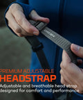 Person adjusting the headstrap of Mycro 900 Lumen Headlamp With Turbo Mode Seven Light Modes White And Red Beams Spot Plus Flood Coverage