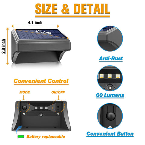 Size and features of Solar LED Deck Lights 4 Pack Outdoor Waterproof Color Changing With 10 Colors And 5 Modes RGB