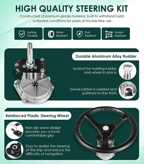 Outboard Steering Kit With Fifteen Foot Cable Three Quarter Inch Standard Tapered Shaft And Thirteen Point Five Inch Wheel, showing aluminum rudder and plastic wheel diagram.