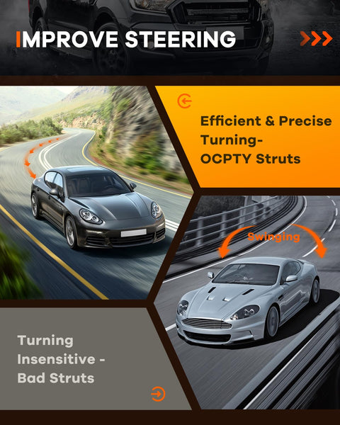 Comparison of cars with efficient OCPTY struts vs bad struts for improved steering.