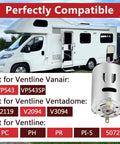 2 Pack 12V DC RV Fan Motor Replacement Kit compatible with PC PH PR PI-5 models next to an RV.