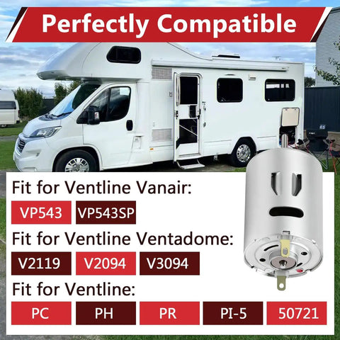 2 Pack 12V DC RV Fan Motor Replacement Kit compatible with PC PH PR PI-5 models next to an RV.