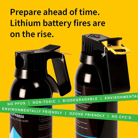 Game Changer Lithium Ion Battery Fire Extinguisher Aerosol Spray for Electric Vehicles and Chargers Patent Pending, 2 Pack, compact design.