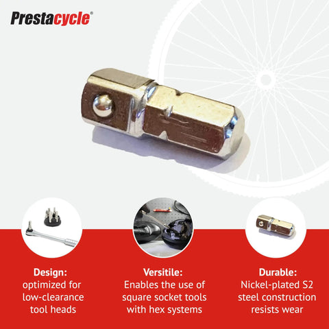 Heavy Duty Low Profile 1/4 Hex To 1/4 Square Socket Adapter Hardened S2 Steel Nickel Plated Finish showcasing durable construction.