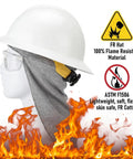 Flame Resistant FR Hard Hat Liner Sun Shade with Cotton Neck Protector on mannequin with safety helmet, fire backdrop.