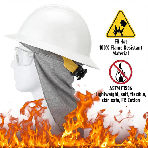Flame Resistant FR Hard Hat Liner Sun Shade with Cotton Neck Protector on mannequin with safety helmet, fire backdrop.