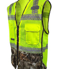 Kickass Class Two Surveyors Safety Vest Featuring Sleek Camo Lower Panel And Striking Reflective Taping Built From Zero Sweat Polyester Mesh For Daily Crew Grind Or Weekend Wild Hunt Ready Setup In Large - Yellow mesh with camo panels.