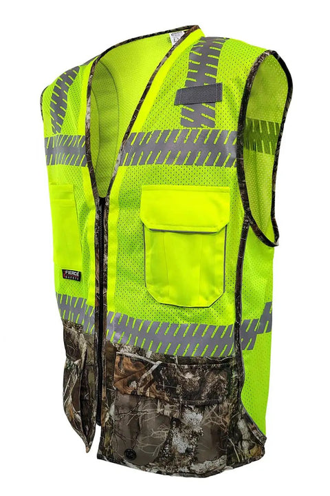 Kickass Class Two Surveyors Safety Vest Featuring Sleek Camo Lower Panel And Striking Reflective Taping Built From Zero Sweat Polyester Mesh For Daily Crew Grind Or Weekend Wild Hunt Ready Setup In Large - Yellow mesh with camo panels.