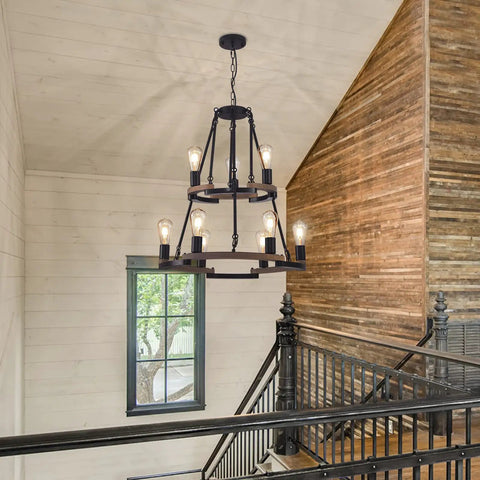 Wagon Wheel Chandelier 9 Light Farmhouse Ceiling Light in Black Metal and Wood Frame for a rustic hallway decor.