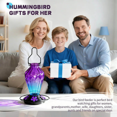 Family sitting together with Outdoor Hummingbird Nectar Feeder 25 Oz With Perch And 5 Flower Ports No Fuss Easy Fill Leak Proof Base Hanging Garden Hook Diamond Purple Finish Gift For Women Who Love Birds.