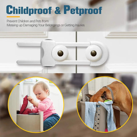6PCS Baby Cabinet Locks With Adjustable U Shaped Design For Drawers Cabinets Gates And Furniture Doors Multifunctional Kid Safety Locks With Secure Lock Buttons To Keep Curious Kids Out shown on cabinet with child and pet safety illustrations