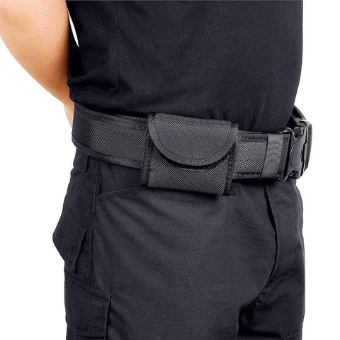 Two Pair Glove Pouch For Duty Belt, Heavy Duty Ballistic Nylon Glove Holder on uniformed officer, fits 2 and 2.25 inch belts