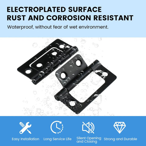 Rock Solid Four Pack Black Non Mortise Butt Hinges With Mounting Screws For Furniture And Window Frames Offering No Sweat Setup And Dang Tough Iron Build In Two Inch Size, electroplated for rust resistance.